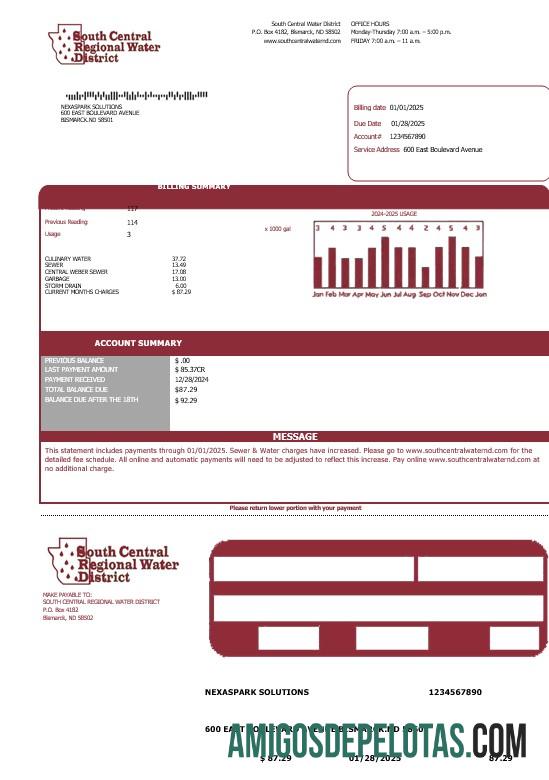 Em branco modelo de conta de serviços públicos do distrito regional centro-sul da Dakota do Norte dos EUA em formatos Word e PDF